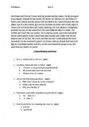 English Worksheet: reading comprehension quiz