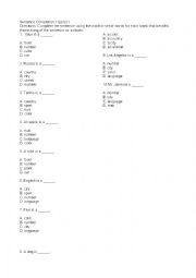 English Worksheet: Sentence Completion 1 Level 1