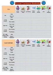 English Worksheet: Present Continuous Battleship