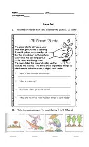 English Worksheet: Science Test The Plants