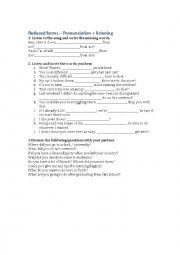 English Worksheet: Pron + listening - reduced forms (with song + discussion) (wheredja, whadaya, etc.)
