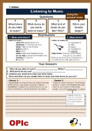 English Worksheet: Guided Writing) When/where do you listen to music?(Using the present tense) 