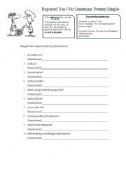 English Worksheet: Reported Questions: Yes/No   Present Simple