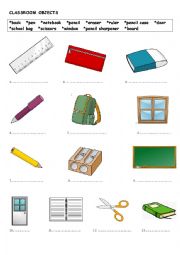 English Worksheet: Classroom Objects - Matching Exercise