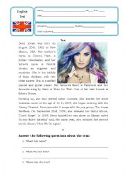 English Worksheet: Reading and comprehension about Demi Lovato