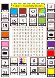 Colours, Numbers, Shapes Word Search.
