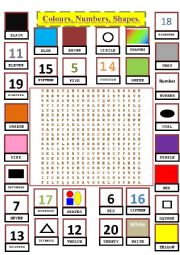 English Worksheet: Colours, Numbers, Shapes Word Search.