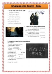 English Worksheet: ESL Song worksheet - Shakespears Sister - Stay