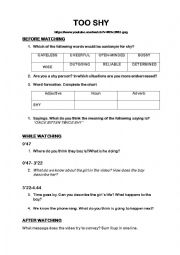 English Worksheet: TOO SHY. A SHORT VIDEO