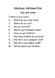 English Worksheet: personal information