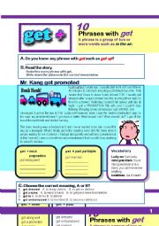 English Worksheet: 10 Phrases with GET (a short reading and exercises)