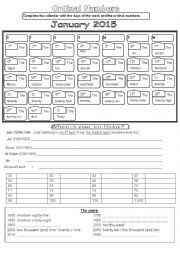 English Worksheet: Ordinal numbers : calendar January 2015 