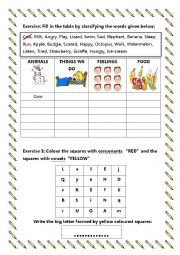 English Worksheet: classifying the words, verbs, animals, feelings and food
