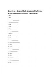 English Worksheet: countable and uncountable nouns