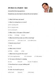 English Worksheet: Mr Bean as a Student - Film Quiz