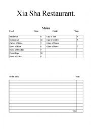 English Worksheet: Menu and Waiter order form