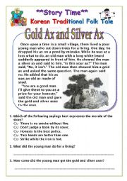 English Worksheet: Story Time!-Korean Folk Take(The Gold Ax and the Silver Ax)-Read and Enjoy+Reading Comprehension