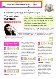 English Worksheet: The truth about eating disorders - reading & writing test for 9 graders (B1-pre-intermediate)