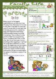 English Worksheet: Family Life(Mid Term1 Test9th form)2 parts: Listening+Link+language+Key.