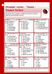 English Worksheet: Grammar review -tenses: Present perfect  ( + keys )