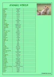 English Worksheet: Animals (Vocabulary list)