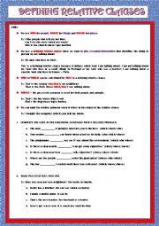 English Worksheet: DEFINING RELATIVE CLAUSES - RULES AND EXERCISES