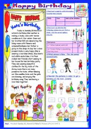 English Worksheet: Happy Birthday: (End Term2 Test 7th form)3parts: Reading+Language+Writing+Key.