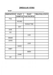 English Worksheet: IRREGULAR VERBS TEST PART 1