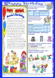 English Worksheet: Happy Birthday(End of Term 2 Test 7th form):2parts: Reading Comprehension+Language+Key.