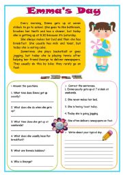 English Worksheet: Emmas Day- reading comprehension