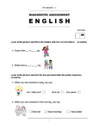English Worksheet: English Assessment Grade 1
