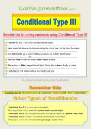 English Worksheet: Conditional Type 3:  the rule + Wonderful Practice + the answer key 
