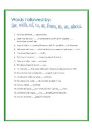 English Worksheet: Words followed by prepositions
