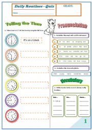 English Worksheet: Daily Routines + The Time Quiz