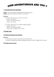 English Worksheet:  How adventurous are you ? Quiz + Speaking activities 