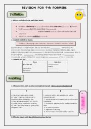 English Worksheet:  REVISION FOR 9 TH FORMERS ( POLLUTION+SERVICES ) 