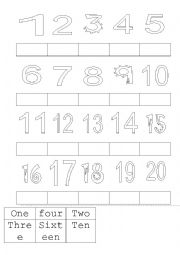 English Worksheet: Worksheet of Number 1-20 and colours