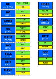 TWO SIDED FLASHCARDS OF IRREGULAR VERBS (PRESENT, PAST, PARTICIPLE FORMS)