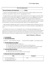 English Worksheet: Exam on diversity 