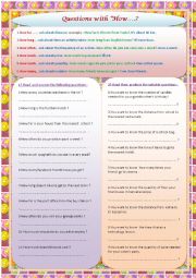 English Worksheet: qustions with how:how far/how much/how many/how often/how long/