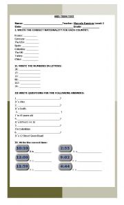 English Worksheet: Mid Term 1 Verb to be,countries, number adjectives