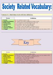 English Worksheet: Society related vocabulary  + key to the answers 