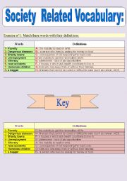 Society related vocabulary  + key to the answers 