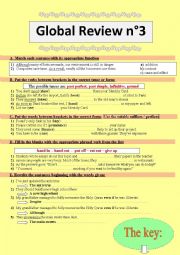 English Worksheet: Global Grammar Review n3: Revising verb tenses, phrasal verbs, the passive voice, infinitive & gerund, linking words (+ key)