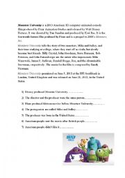 English Worksheet: Practising for KET with Monsters University