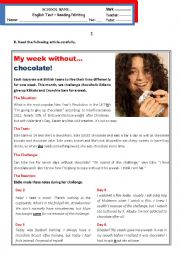 English Worksheet: My week without chocolate (Addictions) B1 - pre-intermediate