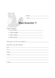 English Worksheet: Mad Scientist Animal Project