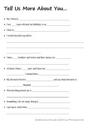 English Worksheet: Tell us more about yourself handout