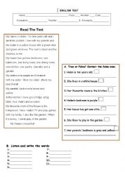 English Worksheet: Test-Writen and listening comprehension(house)