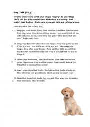 English Worksheet: A dog talk - reading comprehension quiz